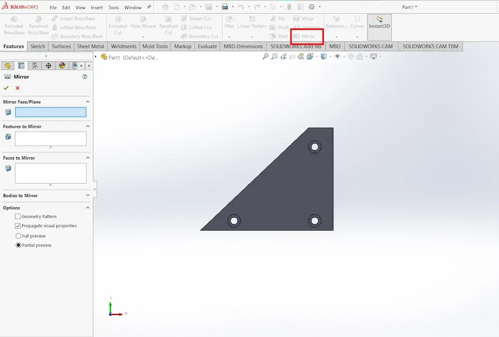 mirror a part in solidworks